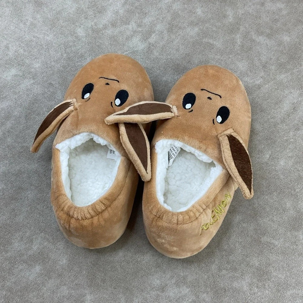 Pokemon Eevee Slippers Shoes 3D Sherpa Lined Ears Embroidered Kids Sz 2.5 EUC